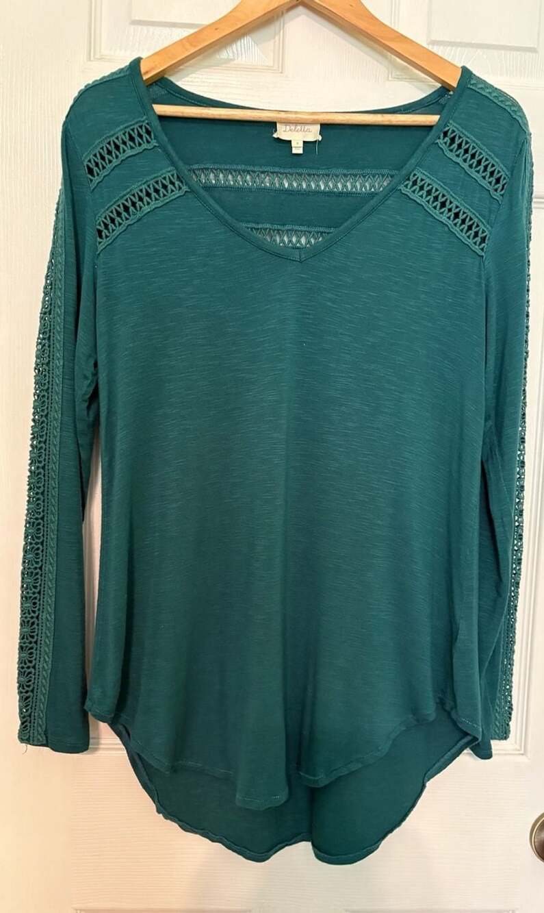 EUC Deletta Long Sleeve Tunic Top with Lace Inserts, Teal, Medium